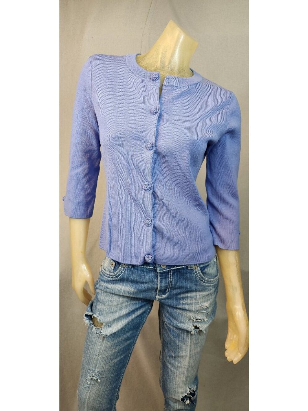 Grace Elements Sweater Blue SMALL Silk Blend 3/4 Slv Knit Snap Cardigan Top USED